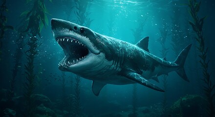 Fototapeta premium Great White Shark in Kelp Forest: An Underwater Encounter