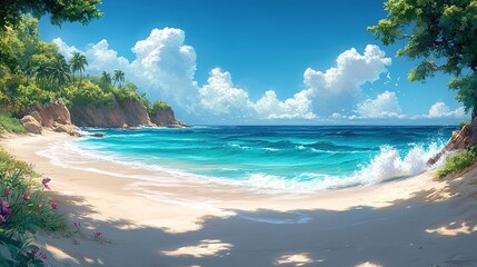 Fototapeta premium Tropical beach paradise, vibrant and serene. Lush landscape with a tranquil ocean view