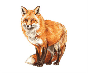Fototapeta premium A vector illustration of a red fox in watercolor style, set against a white backdrop.