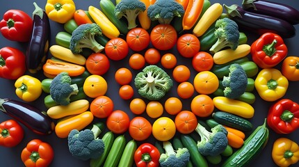 Creative flat lay of assorted fruits and vegetables including citrus, broccoli, tomatoes, and eggplants in a visually appealing geometric pattern ideal for food and wellness themes


