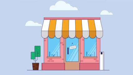 Naklejka premium Colorful illustration of a small shop store front with an overhead shade and a small tree beside it, set against a blue sky background