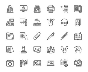 A clean and modern set of 30 office-themed line icons, perfect for business, corporate, productivity. infographics, and UI/UX projects. Editable stroke style suitable for both digital and print use.