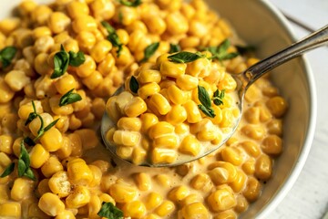 creamy corn in a white ceramic bowl