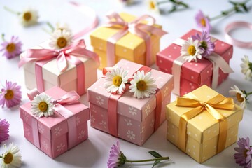 cute spring gift boxes with daisy flowers