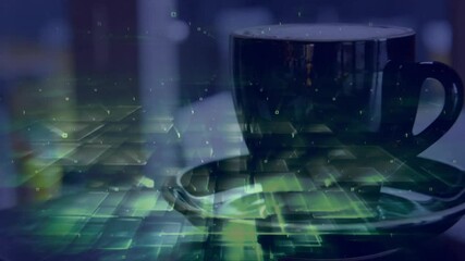 Dark ceramic coffee cup sitting on matching saucer, glowing grid overlay moving binary digits - Powered by Adobe