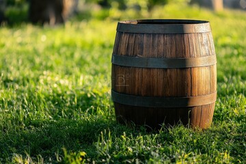 Obraz premium Wooden barrel rests on verdant lawn in sunlit outdoor scene.