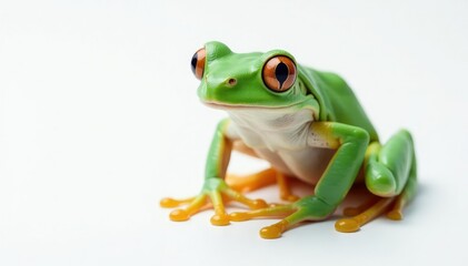 Obraz premium Green tree frog perched on white, vibrant skin, vibrant, macro, frog