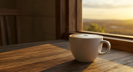 Fototapeta premium a cappuccino on a wooden table by the window, with golden sunset light