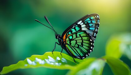 Fototapeta premium Natures Beauty: A Vibrant Butterfly on Green Leaves