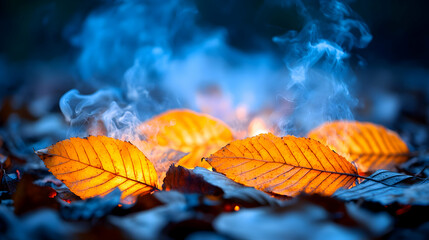 Golden leaves laying on the ground a fog hovering above them creating an atmospheric autumn scene
