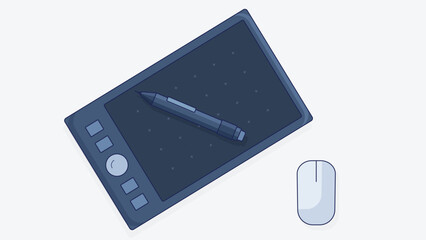 Top view flat illustration of a digital painting tablet with a pen and mouse, designed for creative work