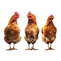 three the full body of brown chicken rooster standing isolated on white background 