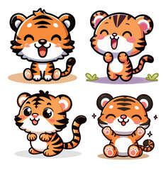 Obraz premium Set of Cute Baby Tiger in White Background