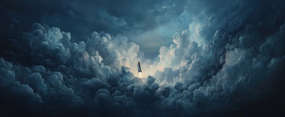 Naklejka premium Spacecraft Breaking Through Storm Clouds: A Journey Beyond Limits
