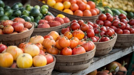 Rustic Wooden Baskets Overflowing with Colorful Heirloom Tomatoes and Apples