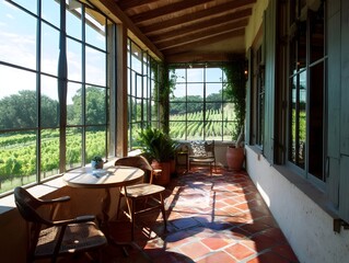 Fototapeta premium Transform Your Hill Country Sun Porch with Terracotta-Tiled Sliding Doors for Inviting Outdoor Living Spaces