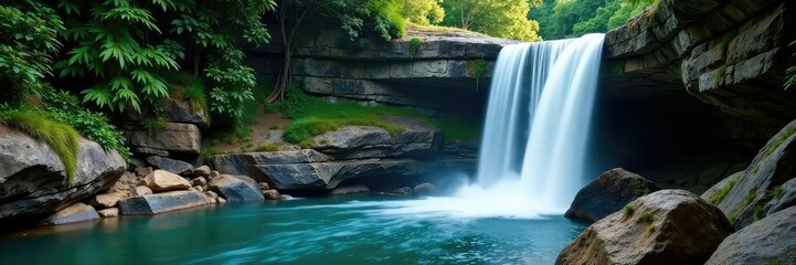 Fototapeta premium Secluded waterfall cascading down a rocky cliff, water, quiet