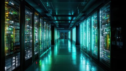 Illuminated Server Room Corridor, Data Center Interior