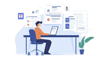 Man working at desk, reviewing documents and data on laptop.