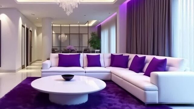 modern living room interior with white sofa and decorative violet throw pillows