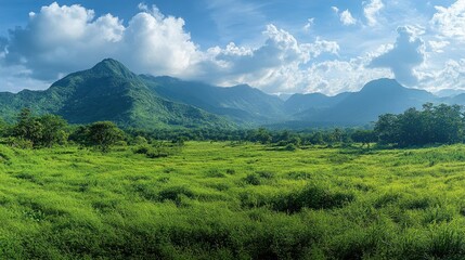 Fototapeta premium Scenic Landscape with Lush Green Grass and Majestic Mountains for Nature and Travel Photography.