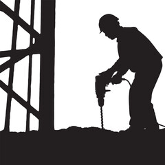 Minimalist Black Silhouette of a Construction Worker Drilling
