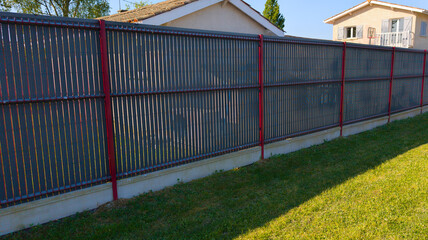 wall fence grey red aluminium new modern barrier of suburb house gray plastic steel design...