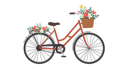 Fototapeta premium A charming vintage bicycle adorned with colorful flowers in a woven basket, set against a serene garden backdrop
