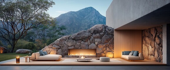 Modern outdoor space with fireplace, mountain backdrop, and minimalist furniture