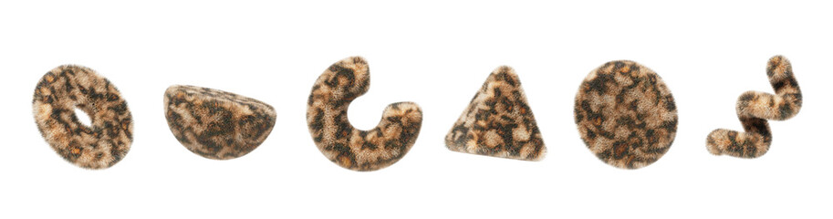 Fluffy texture geometric 3d shapes with pattern of leopard skin with spots. Abstract cylinder, triangle, half sphere, ring, spiral line with wild animal fur print, isolated icon set. 3D illustration