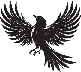 Obraz premium A black silhouette of a crow perched on a branch with its wings spread against white background