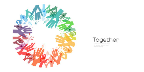 Raised hands in circle. Volunteering, teamwork concert. Together.	