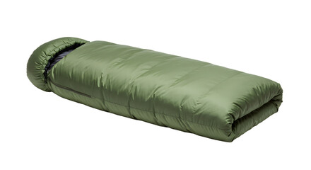 A cozy green sleeping bag laid out on a flat surface, ideal for camping or outdoor adventures, with a serene background