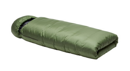 A cozy green sleeping bag laid out on a flat surface, ideal for camping or outdoor adventures, with a serene background