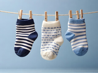baby socks hanging on a clothesline on soft blue background