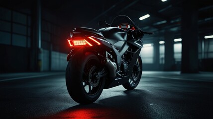 Sleek black sport bike rear view. Motorcycle tail light glowing in darkness.