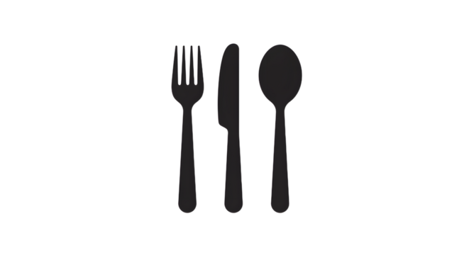 A minimalist illustration of a fork, knife, and spoon arranged centrally on a plain background, ideal for dining or culinary themes