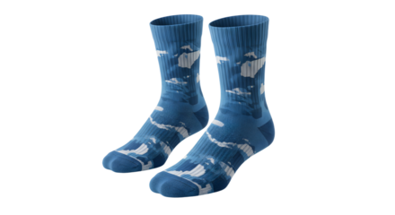 A pair of blue patterned socks with a cloud design displayed on a transparent background, ideal for fashion and retail use