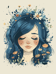 Naklejka premium Beautiful girl face with flowers in her hair. Vector illustration.