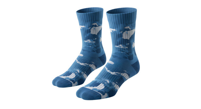 A pair of blue patterned socks with a cloud design displayed on a transparent background, ideal for fashion and retail use