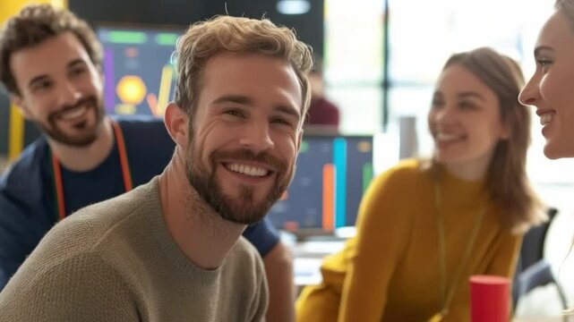 Smiling Man in Office: A friendly man with a beard smiles warmly at the camera, surrounded by happy colleagues in a vibrant and collaborative office setting.  