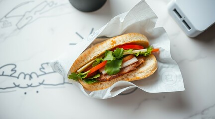 Fresh and vibrant sandwich with vegetables wrapped in paper, ready for a healthy meal