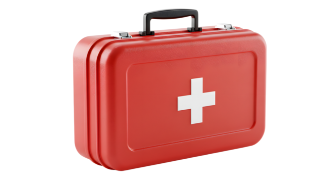 A red first aid kit with a white cross, prominently displayed against a clean background, ready for emergency use