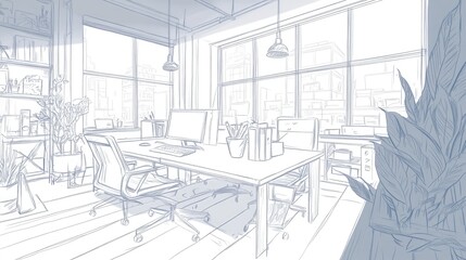 Light-filled, modern office space design sketch.
