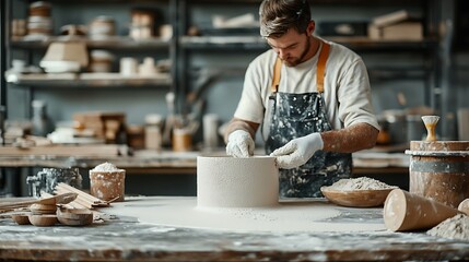 Potter molds clay vessel, crafting in a bright workshop, hands-on