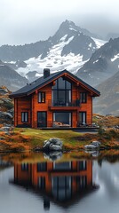 Fototapeta premium Rustic mountain chalet reflecting on tranquil lake