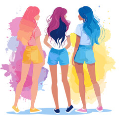 Vector illustration of a group of young beautiful women in summer clothes.