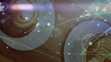 3D render coffee cup with latte art floating above wooden table, showing glowing network overlay - Powered by Adobe