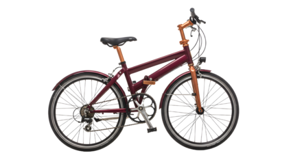 A stylish maroon bicycle with wooden accents parked on a smooth surface, showcasing its sleek design against a blurred urban backdrop