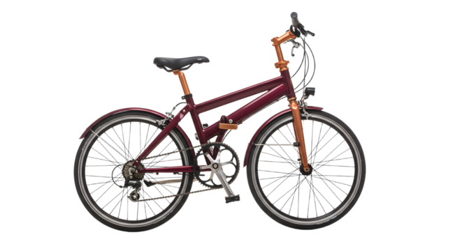 A stylish maroon bicycle with wooden accents parked on a smooth surface, showcasing its sleek design against a blurred urban backdrop